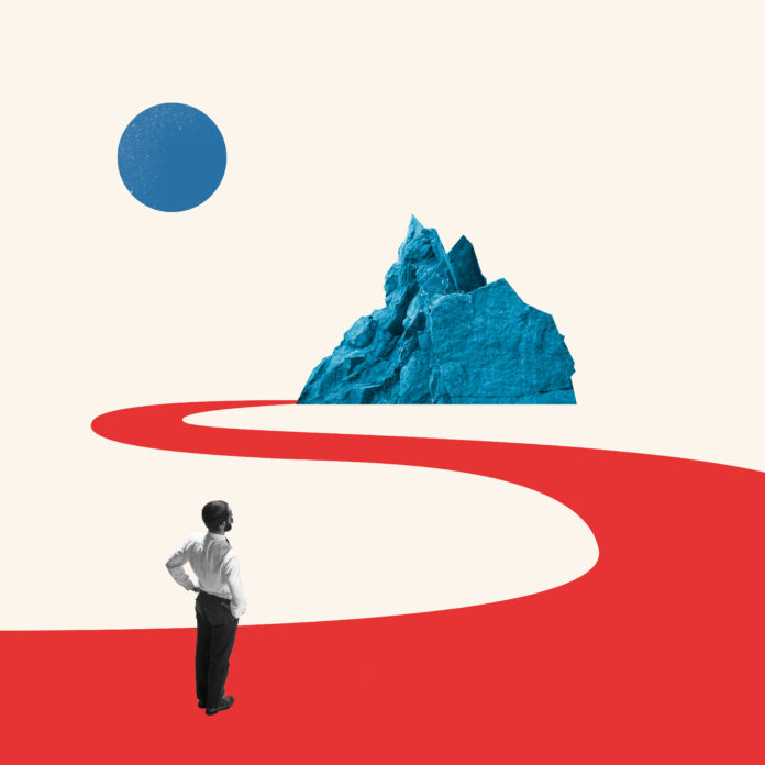 Business concept. Young manager, finance analyst or clerk in office suit isolated on white background. Collage, illustration. White, blue and red